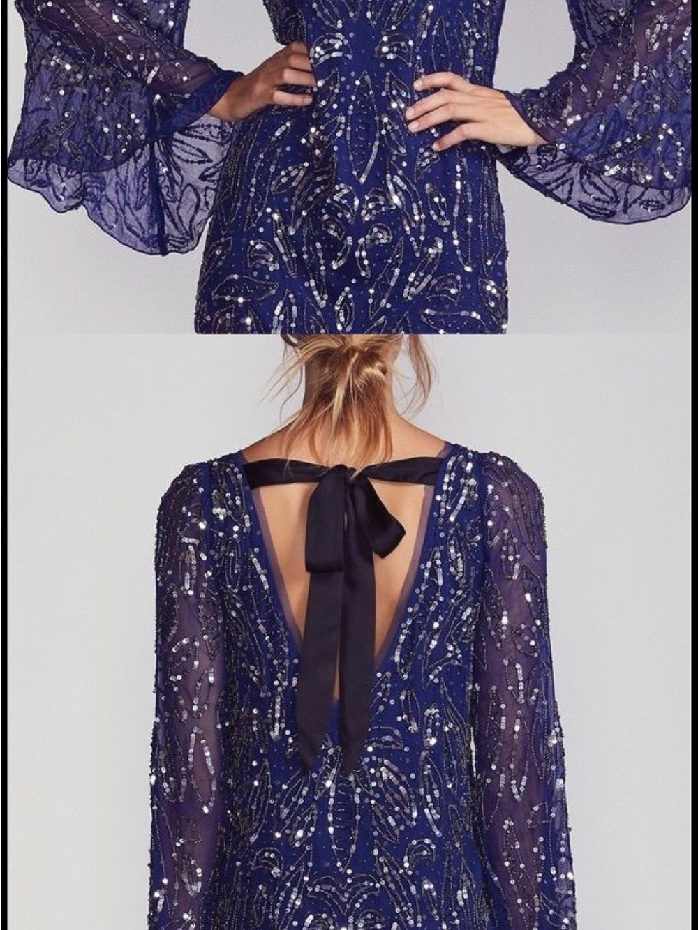 Free People Navy Sequin Beaded Open Back Dress with Bow